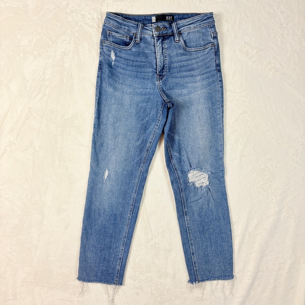 Kut from the Kloth Jeans Women Sz 4 Blue Distressed Raw‎ Hem Ankle Slim Straight